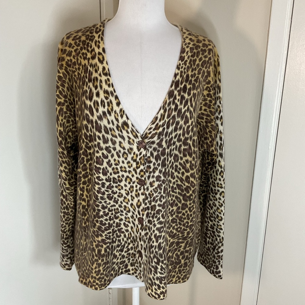 Precious Fibers 100% Cashmere Leopard Print Cardigan Sweater 1X Brown Tan Luxe - Picture 2 of 7